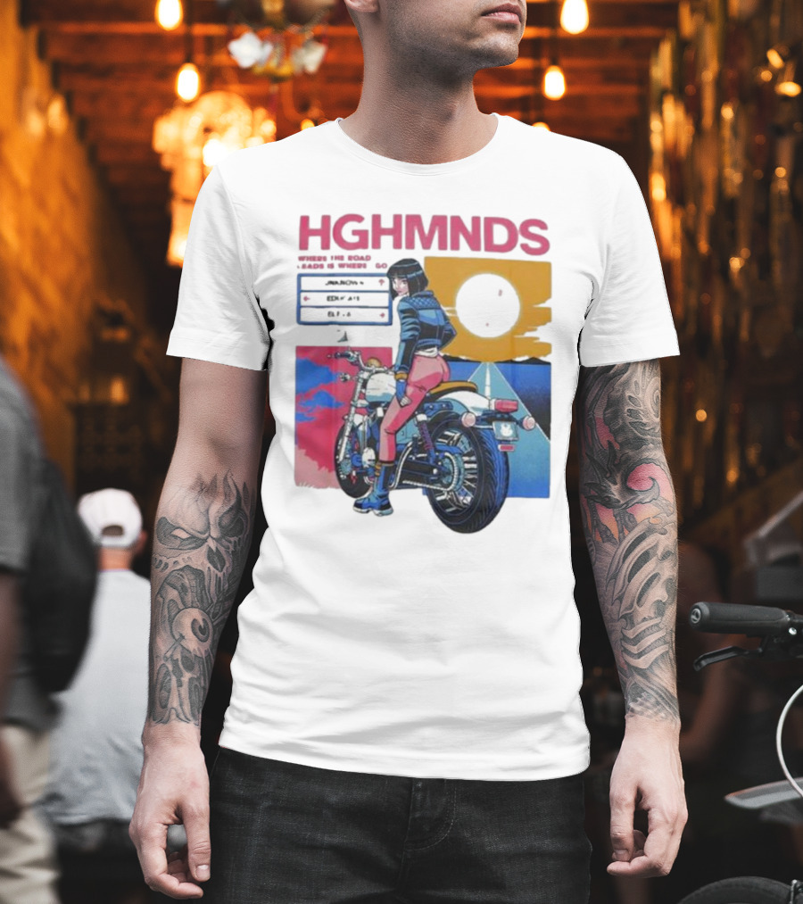 Hghmnds Where The Road Leads Is Where I Go Unknown Educate Elevate Biker Anime Style Moon Sun Desert Journey T-Shirt