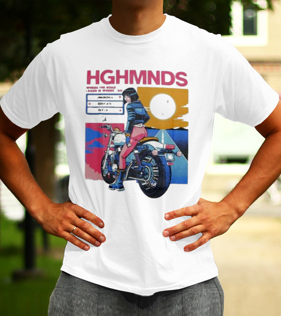 Hghmnds Where The Road Leads Is Where I Go Unknown Educate Elevate Biker Anime Style Moon Sun Desert Journey T-Shirt