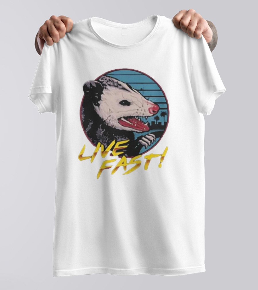Live Fast Hiss Possum City Skyline T-Shirt