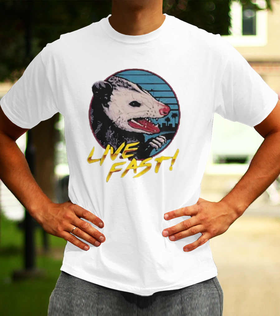 Live Fast Hiss Possum City Skyline T-Shirt