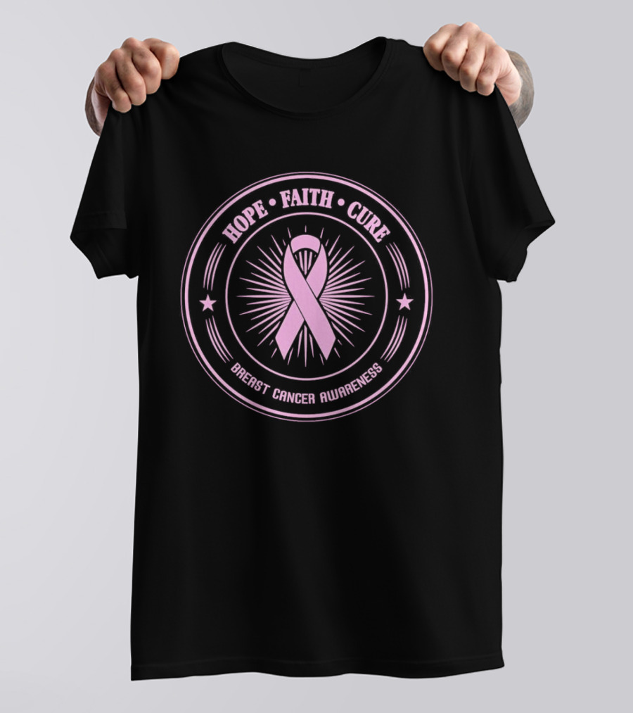 Hope Faith Cure Breast Cancer Awareness Pink Ribbon Emblem T-Shirt