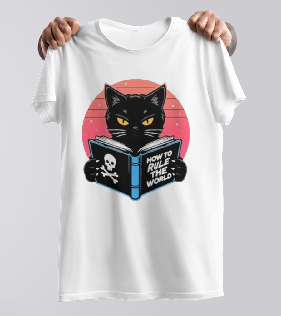 How To Rule The World Black Cat Reading Book With Skull T-Shirt