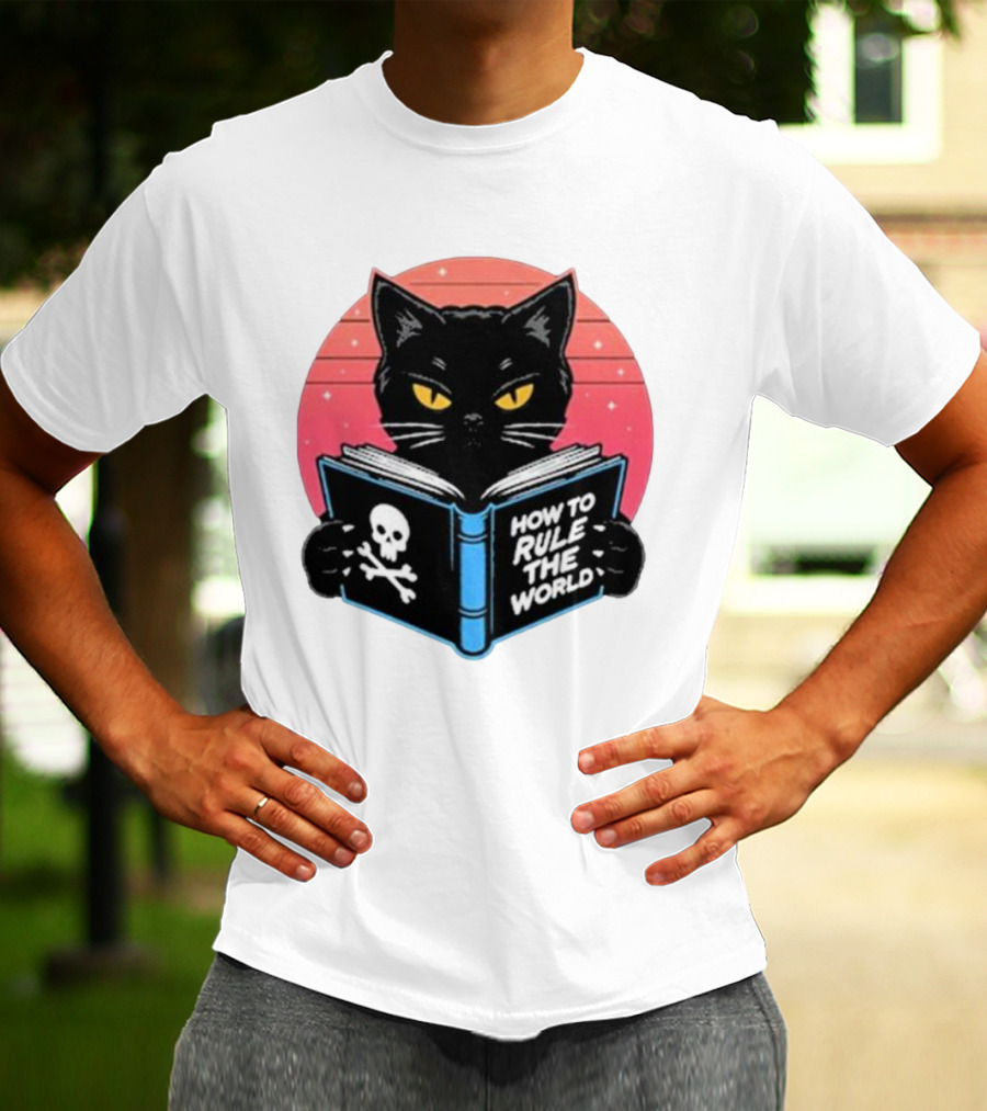 How To Rule The World Black Cat Reading Book With Skull T-Shirt
