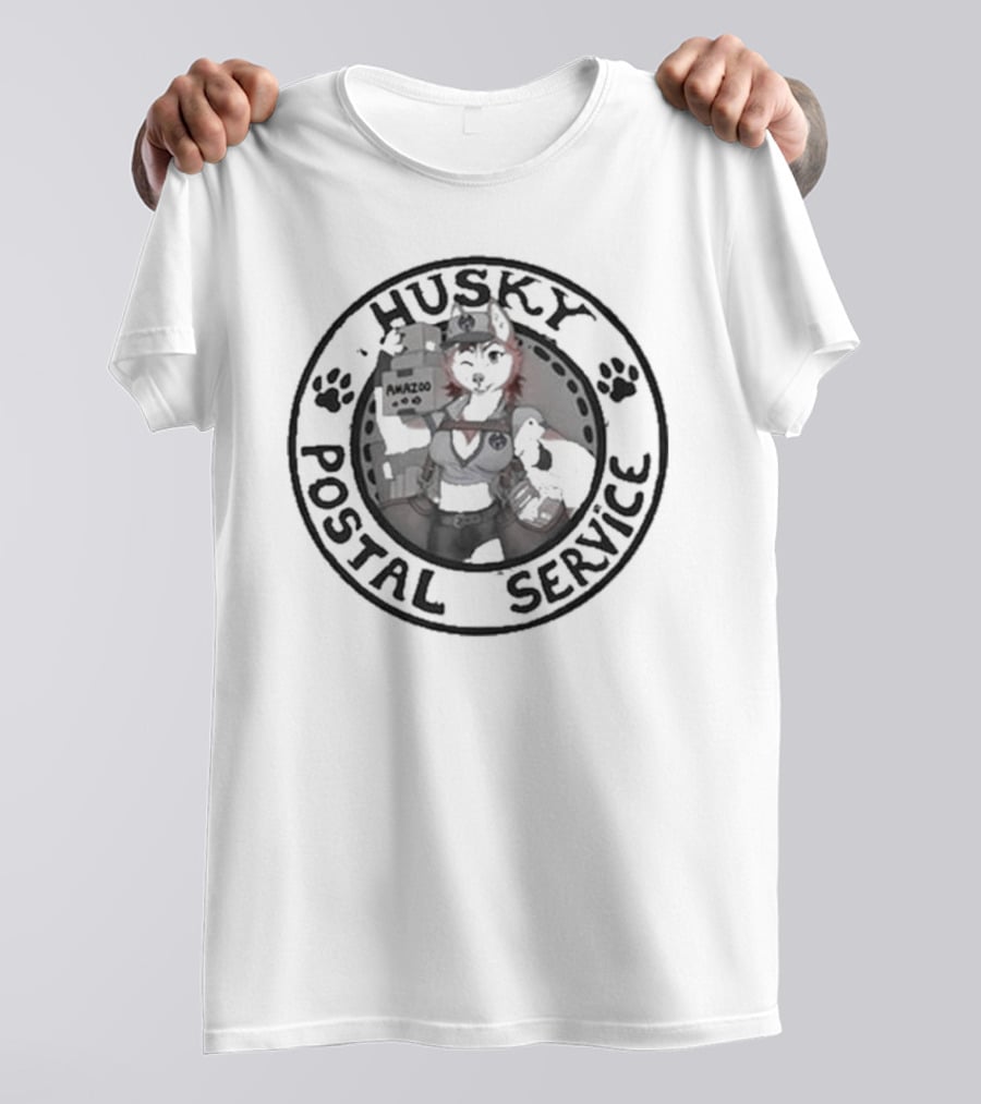 Husky Postal Service Paw Print Circle With Uniformed Mascot Holding Packages T-Shirt