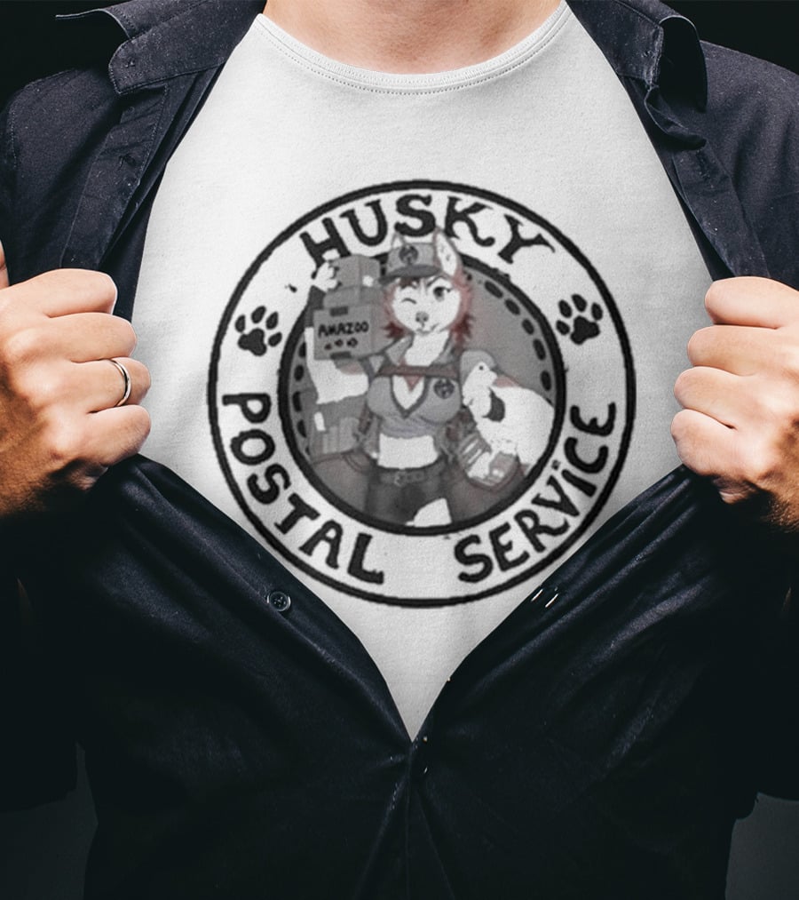 Husky Postal Service Paw Print Circle With Uniformed Mascot Holding Packages T-Shirt