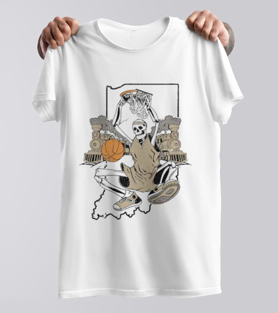 Golo Bloods West Lafayette Indiana Basketball Skeleton With Locomotives And Indiana Outline T-Shirt