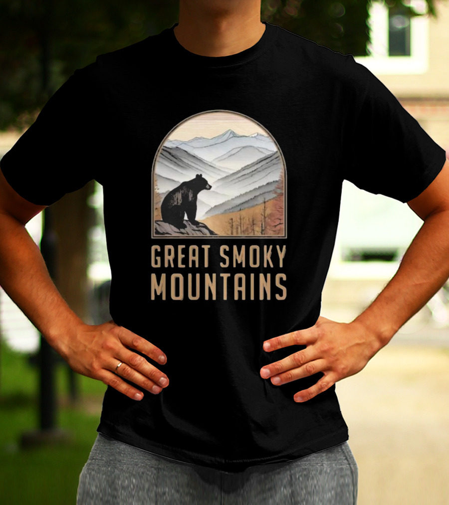 Great Smoky Mountains National Park Bear Silhouette Over Scenic Mountain Landscape T-Shirt