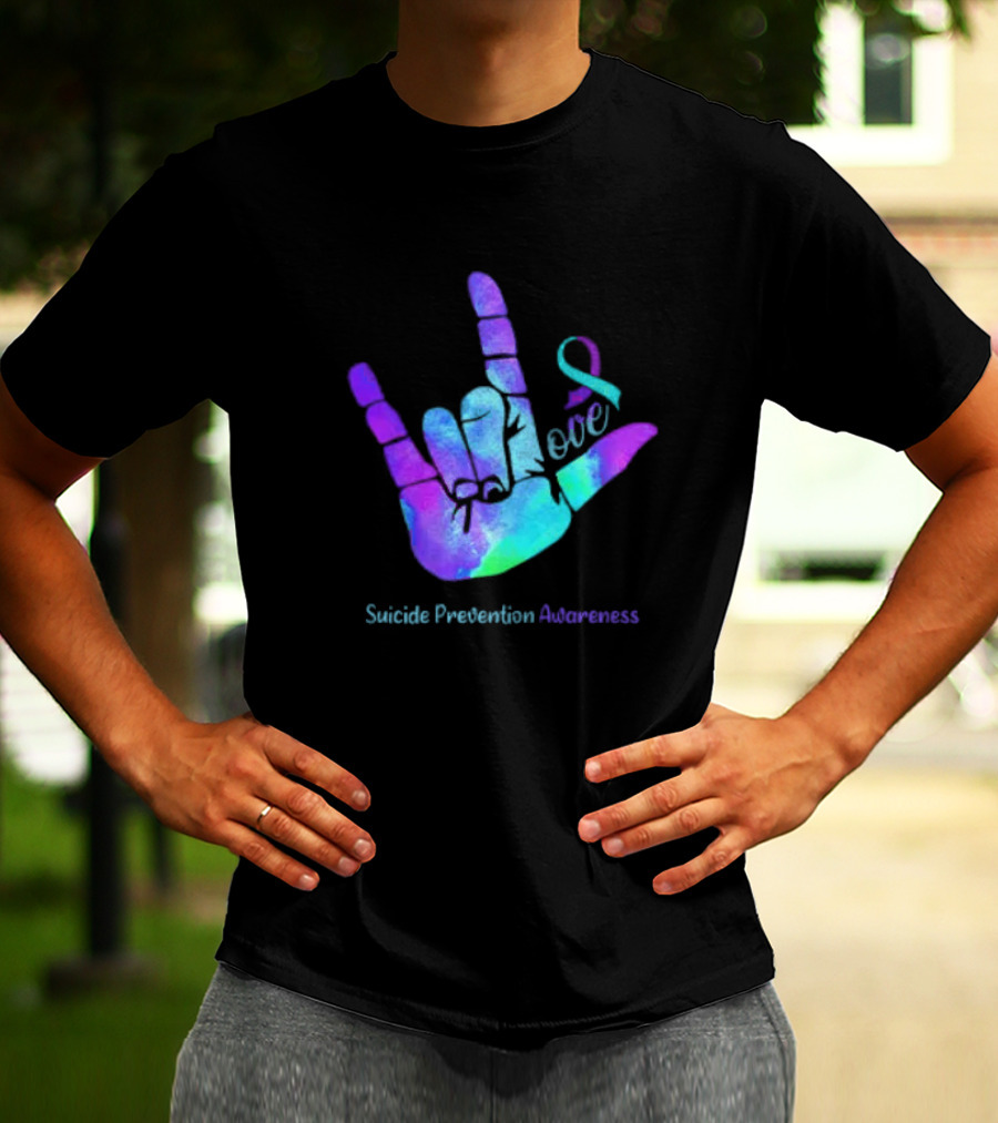 Love Hand Sign With Ribbon For Suicide Prevention Awareness T-Shirt