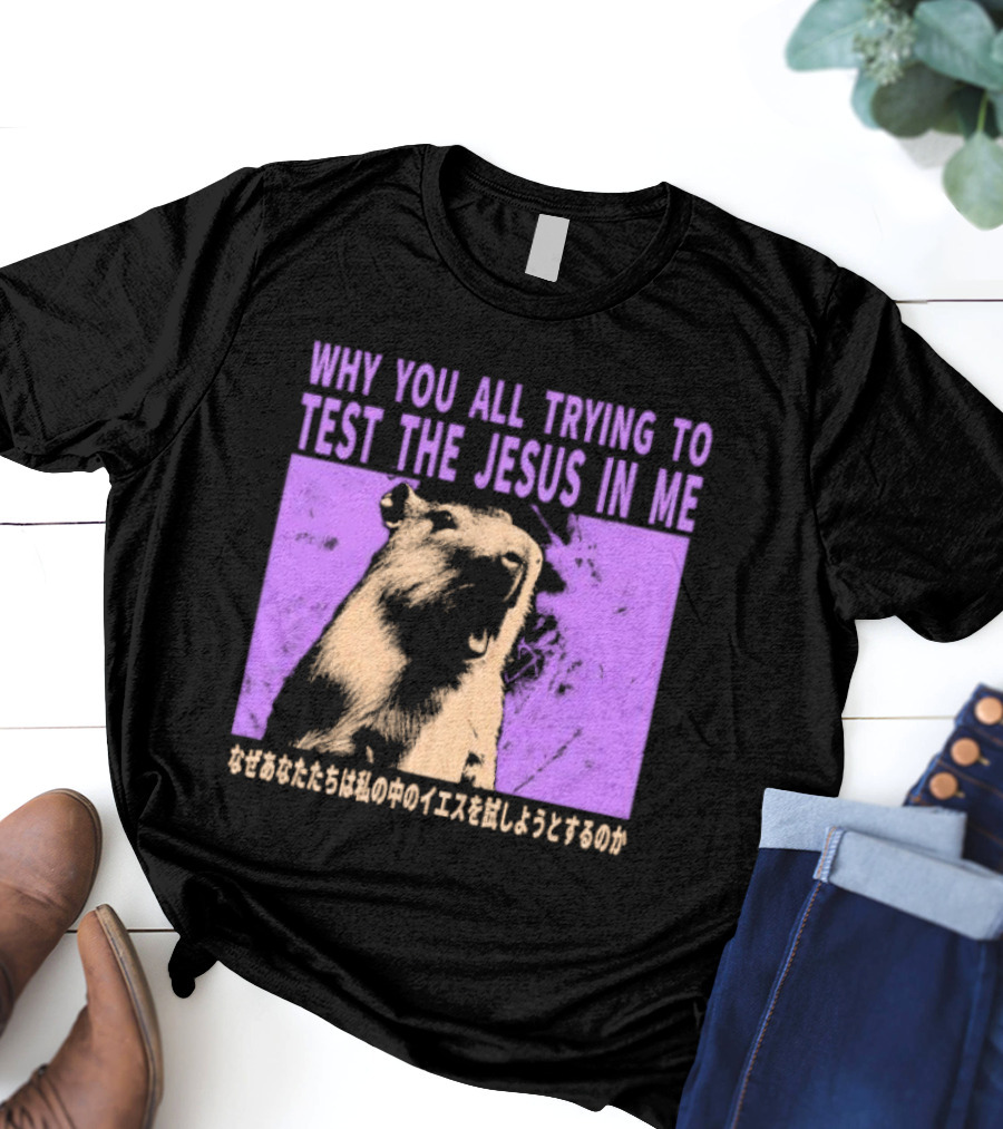 Why You All Trying To Test The Jesus In Me Capybara Japanese Text T-Shirt