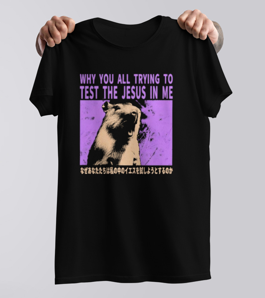Why You All Trying To Test The Jesus In Me Capybara Japanese Text T-Shirt
