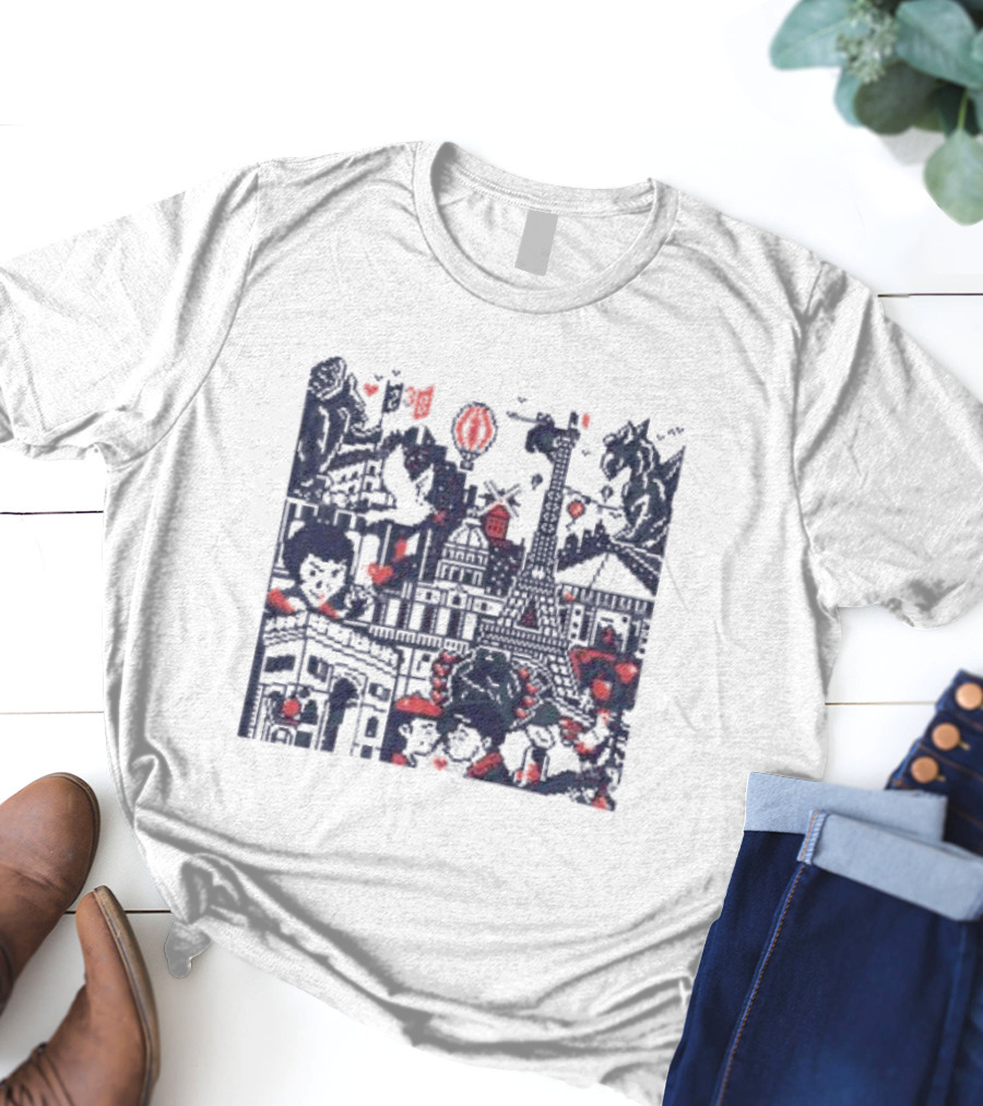 BasePaint Cityscapes Paris Eiffel Tower And Arc De Triomphe Neon Hearts T-Shirt