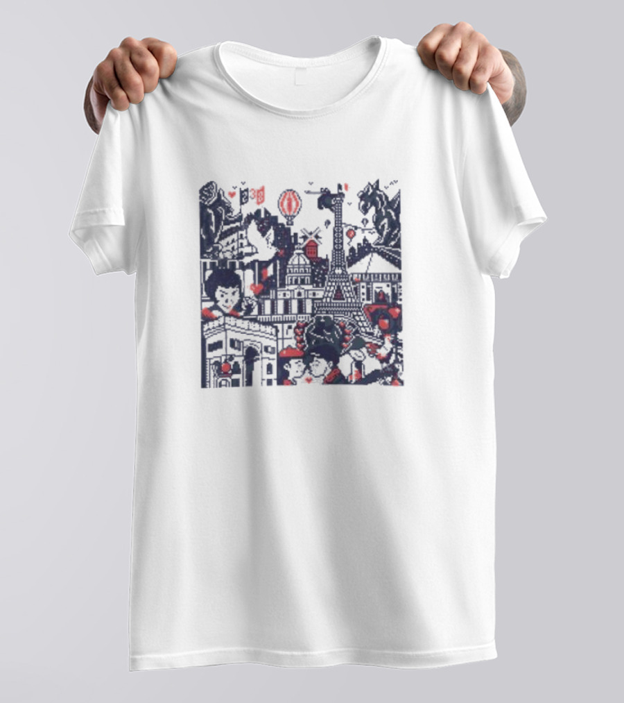 BasePaint Cityscapes Paris Eiffel Tower And Arc De Triomphe Neon Hearts T-Shirt