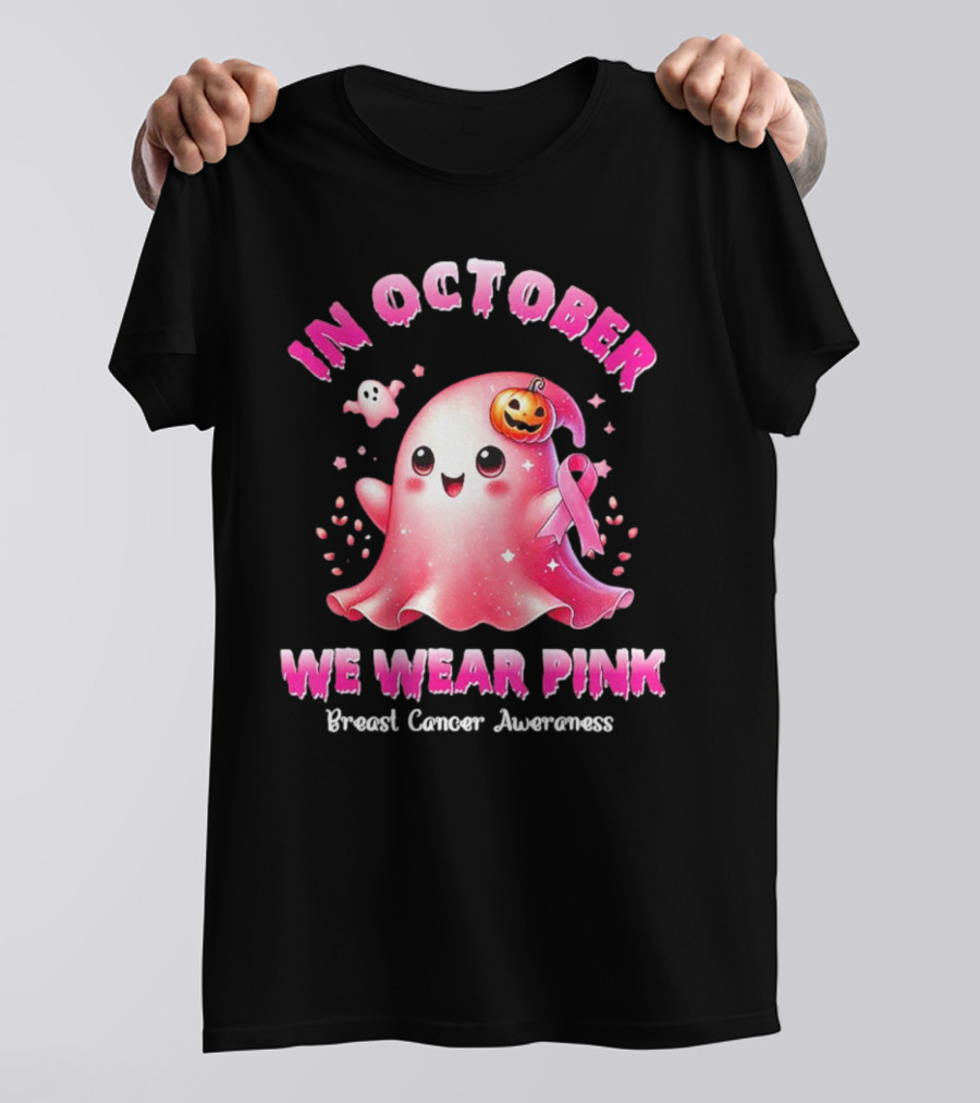 In October We Wear Pink Ghost Pumpkin Ribbon Breast Cancer Awareness T-Shirt