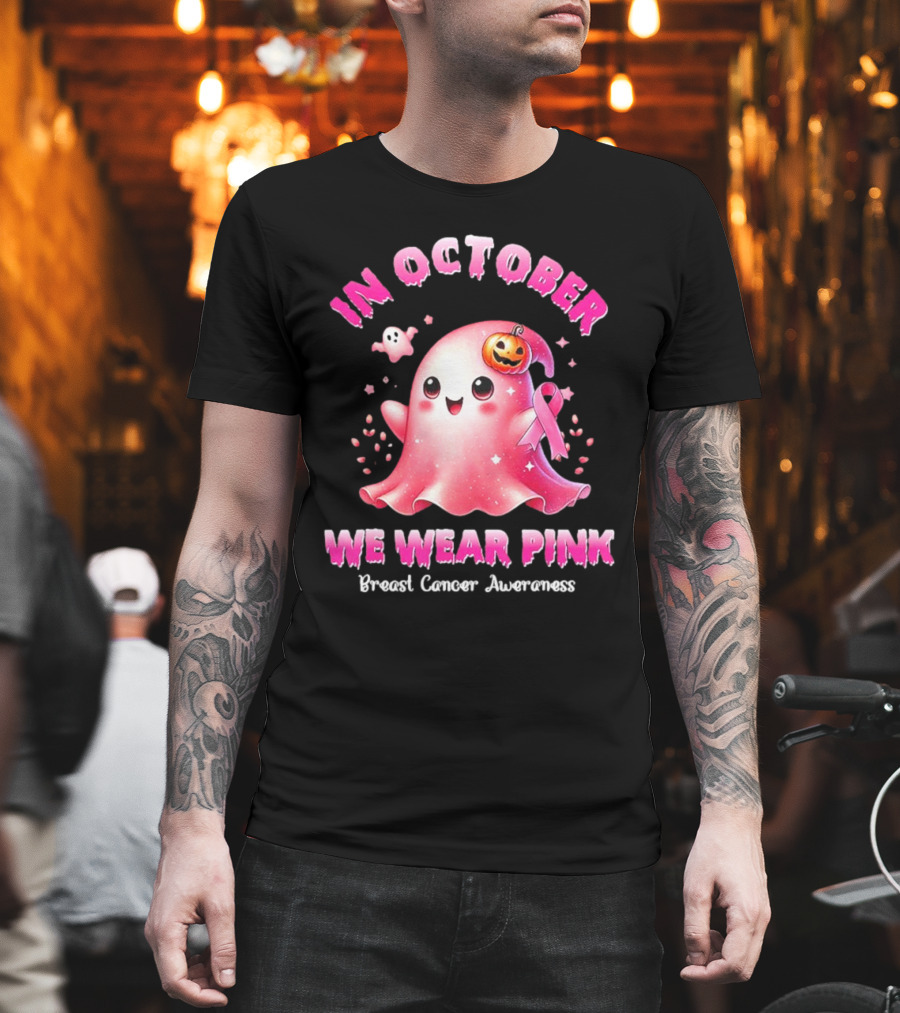 In October We Wear Pink Ghost Pumpkin Ribbon Breast Cancer Awareness T-Shirt