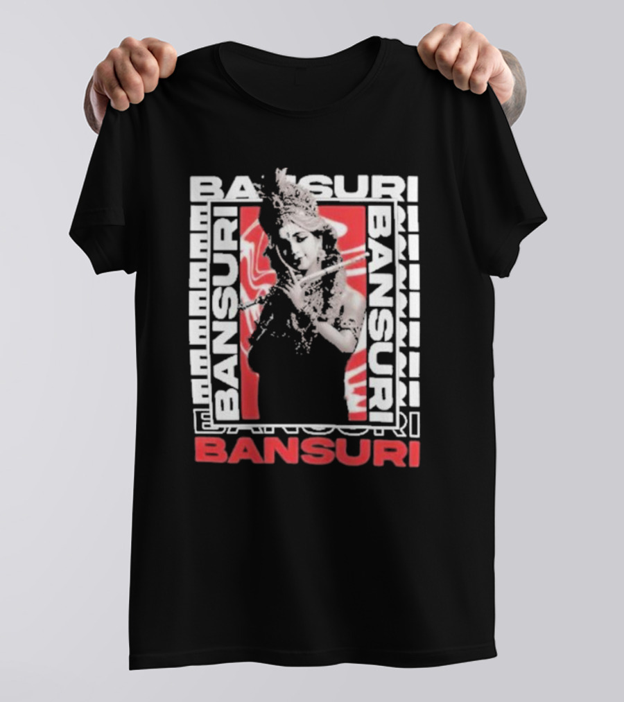 Bansuri Beautiful Girl With Flute Elegantly Framed In Red And White T-Shirt