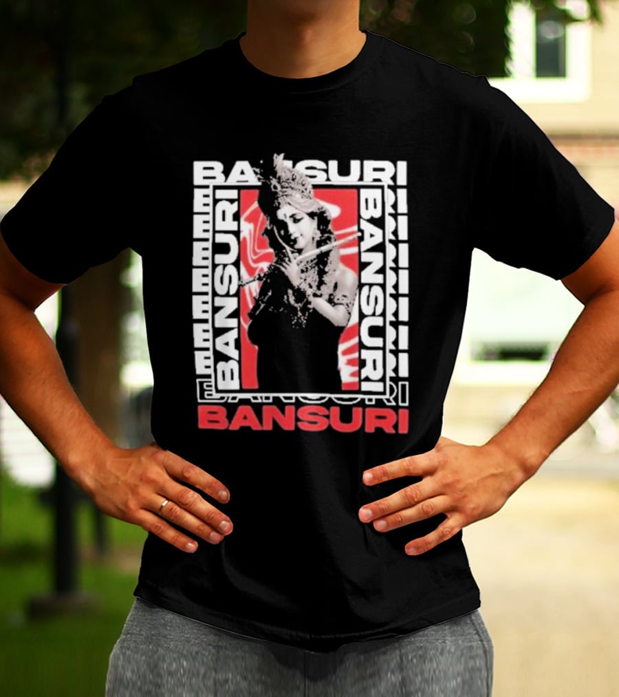 Bansuri Beautiful Girl With Flute Elegantly Framed In Red And White T-Shirt