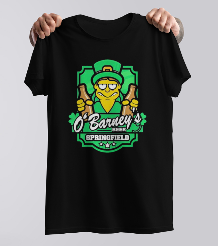 O’Barney’s Beer Springfield Leprechaun Holding Bottles Shamrock Badge T-Shirt