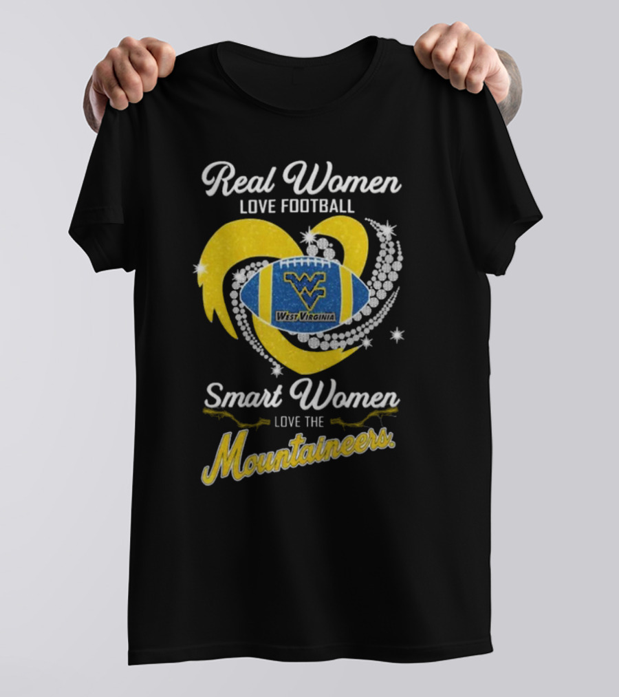 Real Women Love Football Smart Women Love West Virginia Mountaineers Diamond Heart Football T-Shirt
