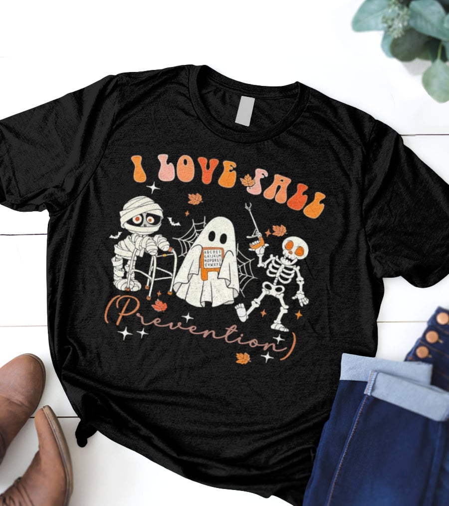 I Love Fall Prevention Groovy Retro Skeleton Mummy Physical Therapy T-Shirt