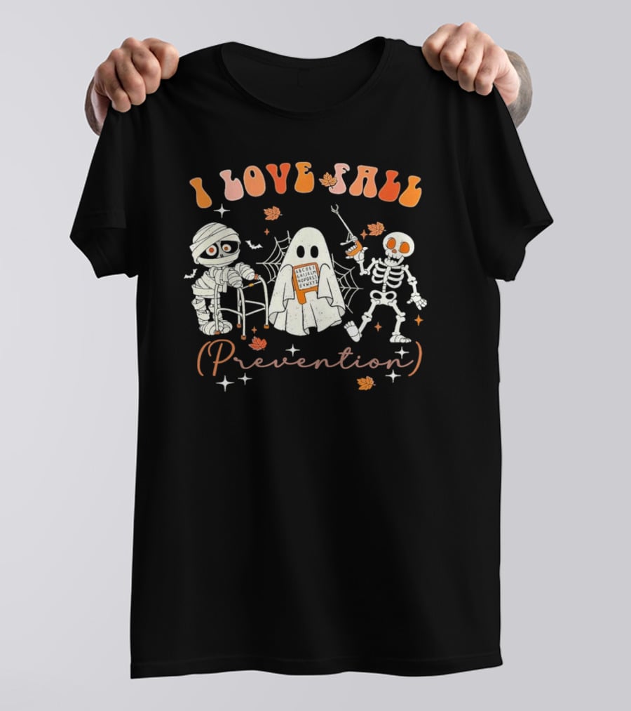 I Love Fall Prevention Groovy Retro Skeleton Mummy Physical Therapy T-Shirt
