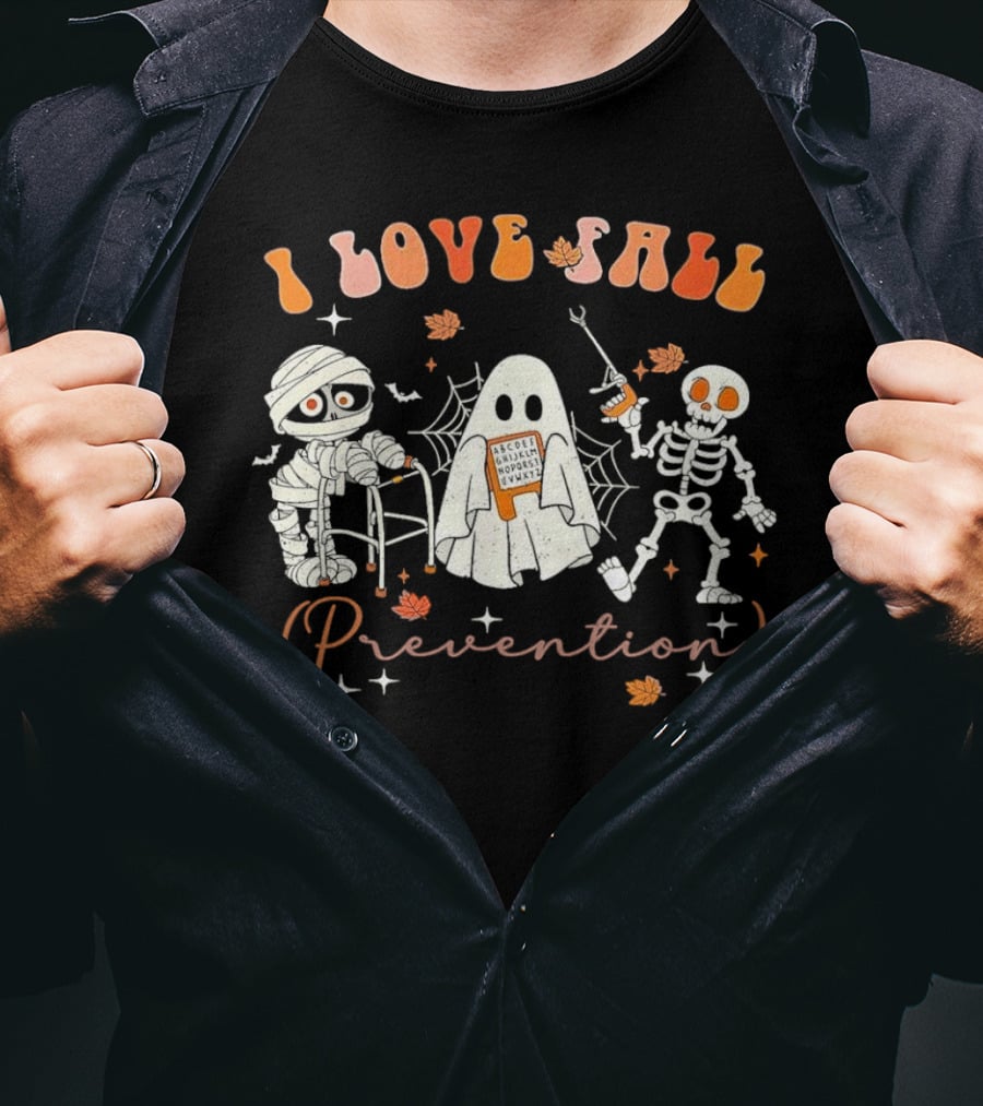I Love Fall Prevention Groovy Retro Skeleton Mummy Physical Therapy T-Shirt