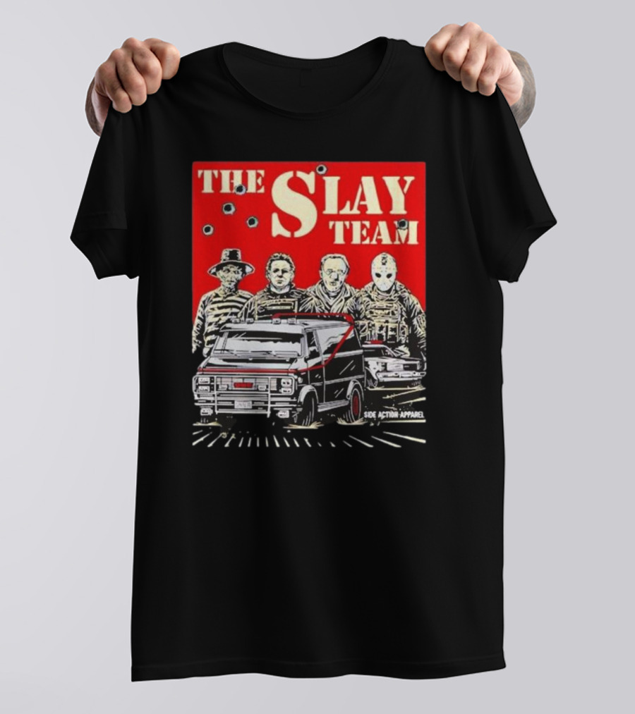 The Slay Team Horror Movies Characters Side Action T-Shirt