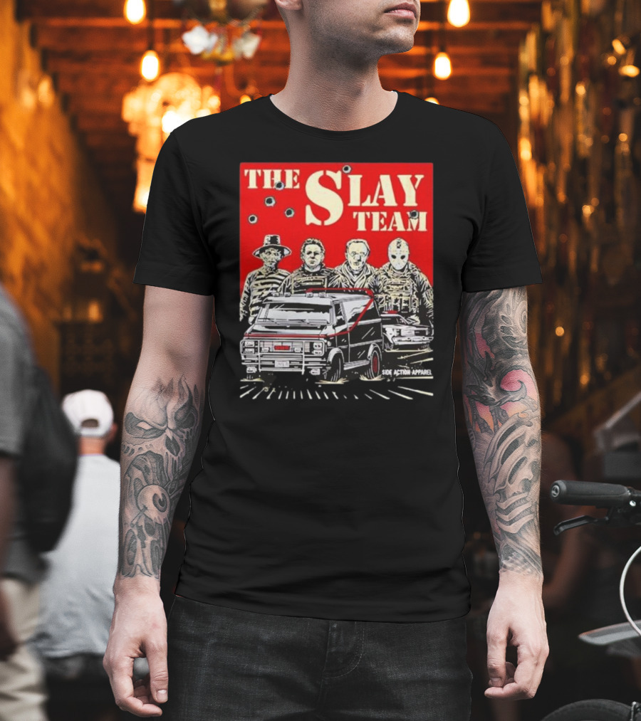 The Slay Team Horror Movies Characters Side Action T-Shirt