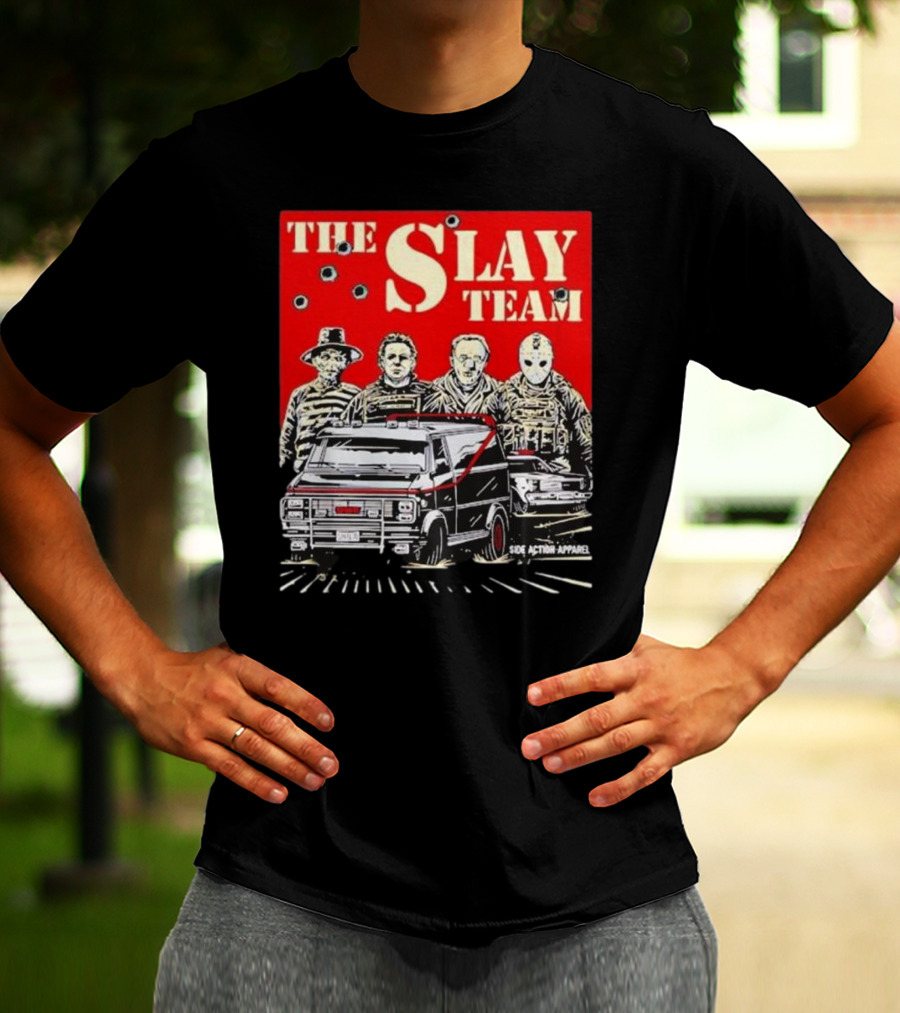 The Slay Team Horror Movies Characters Side Action T-Shirt