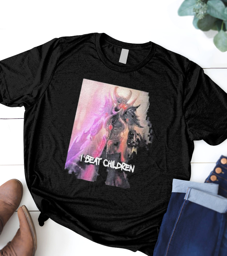 Kassadin I Beat Children Text Featuring Dark Mysterious Armored Character With Glowing Accents T-Shirt