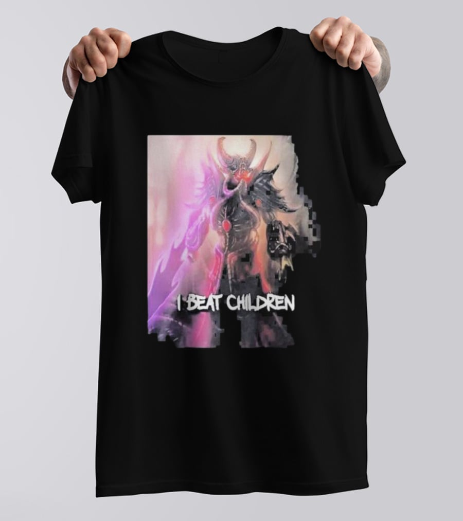 Kassadin I Beat Children Text Featuring Dark Mysterious Armored Character With Glowing Accents T-Shirt