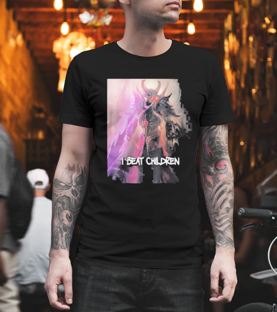 Kassadin I Beat Children Text Featuring Dark Mysterious Armored Character With Glowing Accents T-Shirt