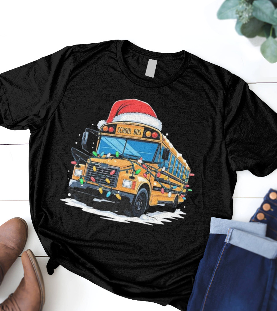 School Bus With Christmas Lights And Santa Hat Holiday Xmas T-Shirt