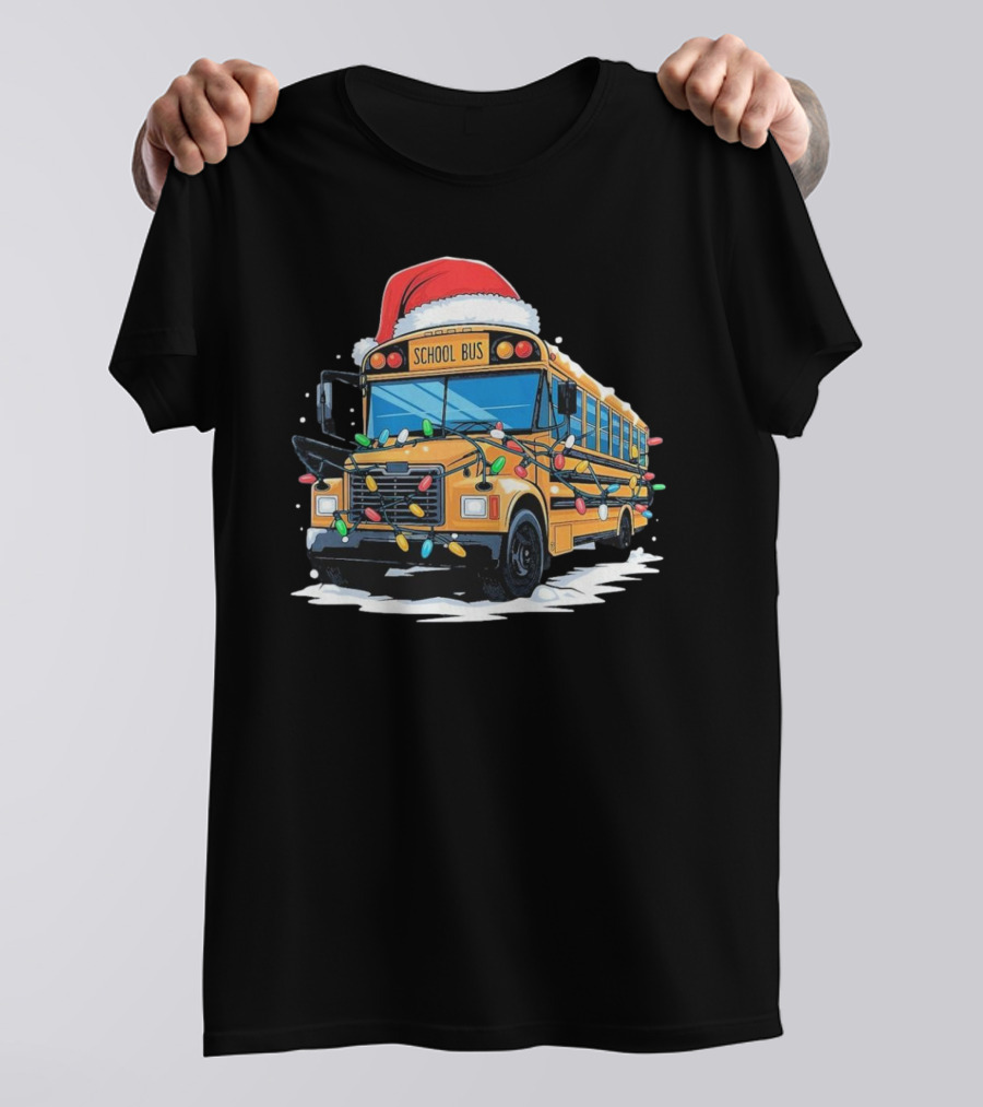 School Bus With Christmas Lights And Santa Hat Holiday Xmas T-Shirt