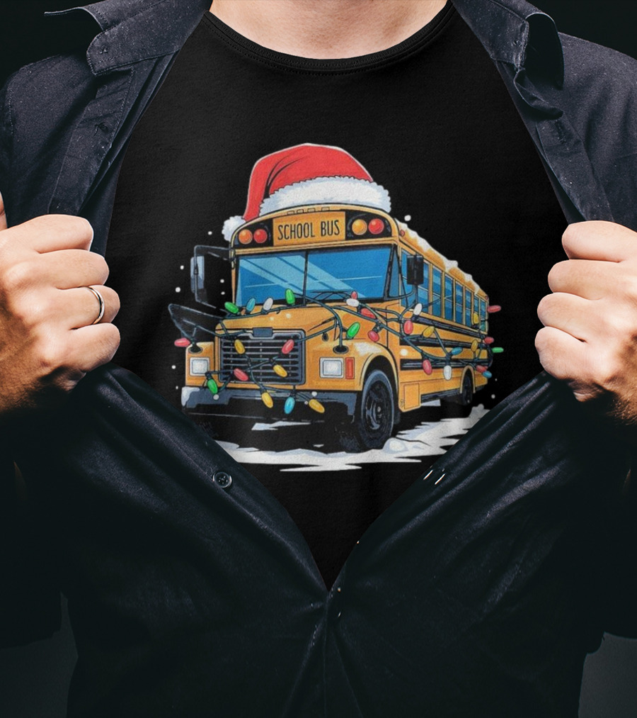 School Bus With Christmas Lights And Santa Hat Holiday Xmas T-Shirt