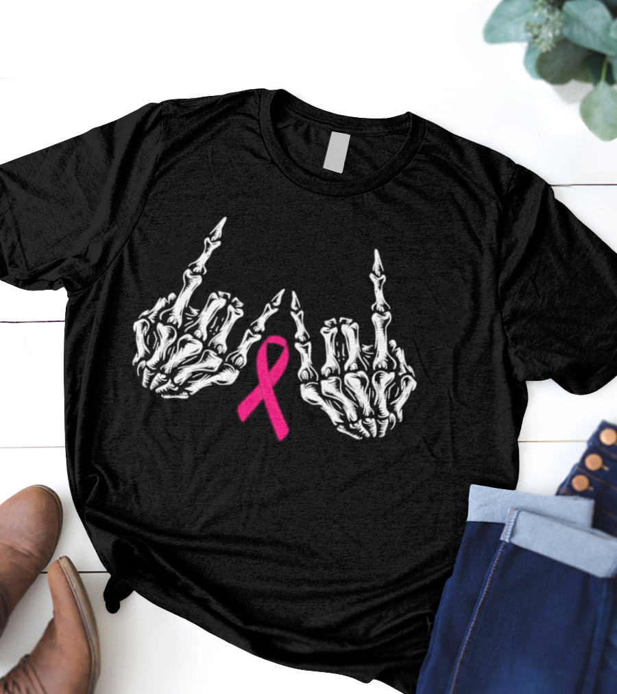 Skeleton Rock Hand Breast Cancer Awareness Pink T-Shirt