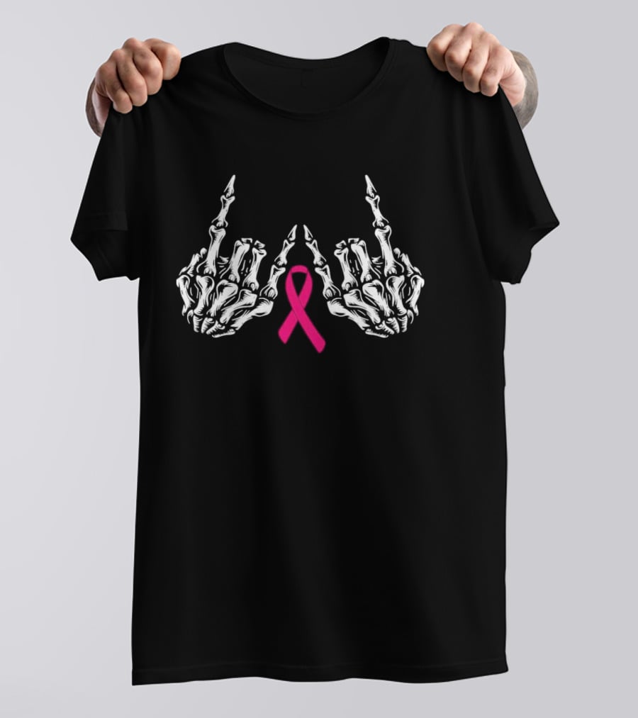 Skeleton Rock Hand Breast Cancer Awareness Pink T-Shirt