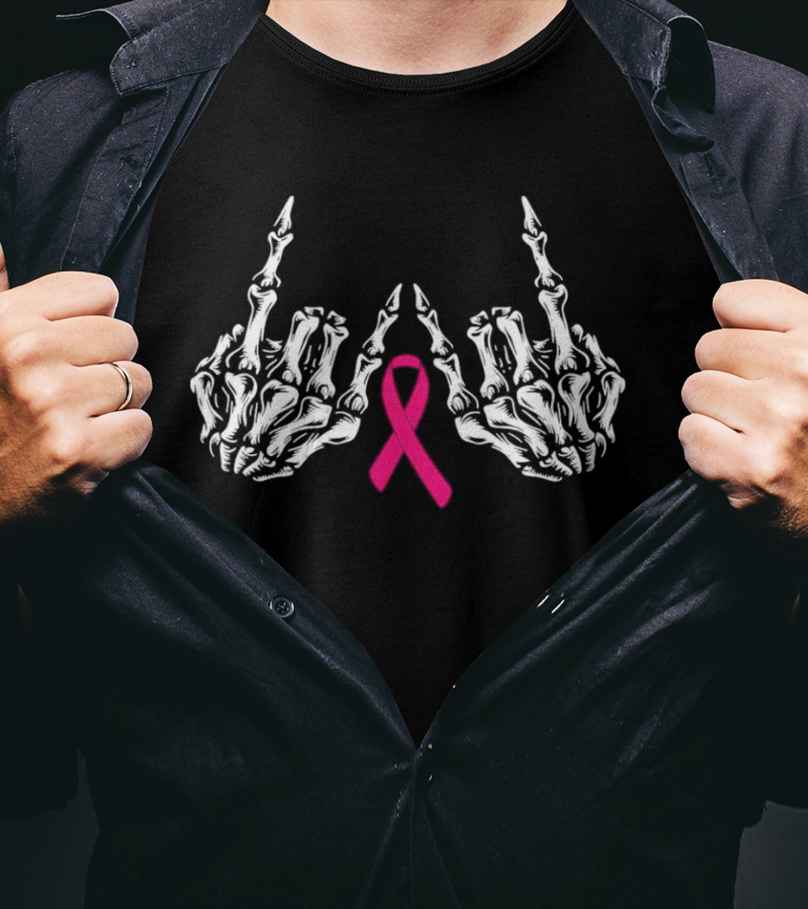 Skeleton Rock Hand Breast Cancer Awareness Pink T-Shirt