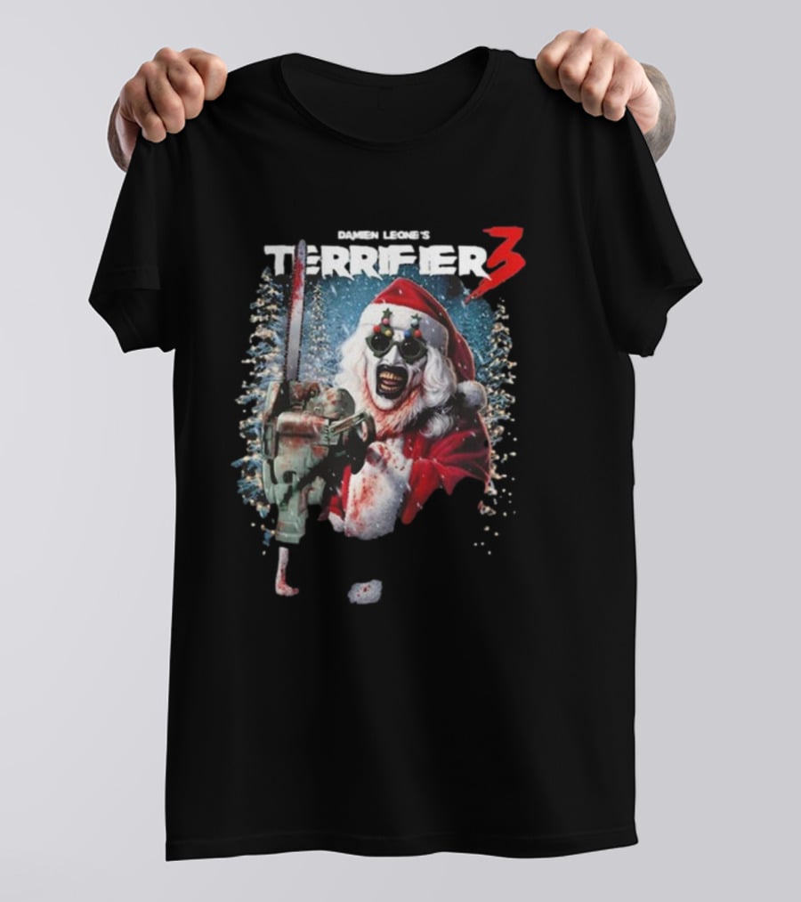 Damien Leone's Terrifier 3 Merry Mayhem Santa With Chainsaw T-Shirt