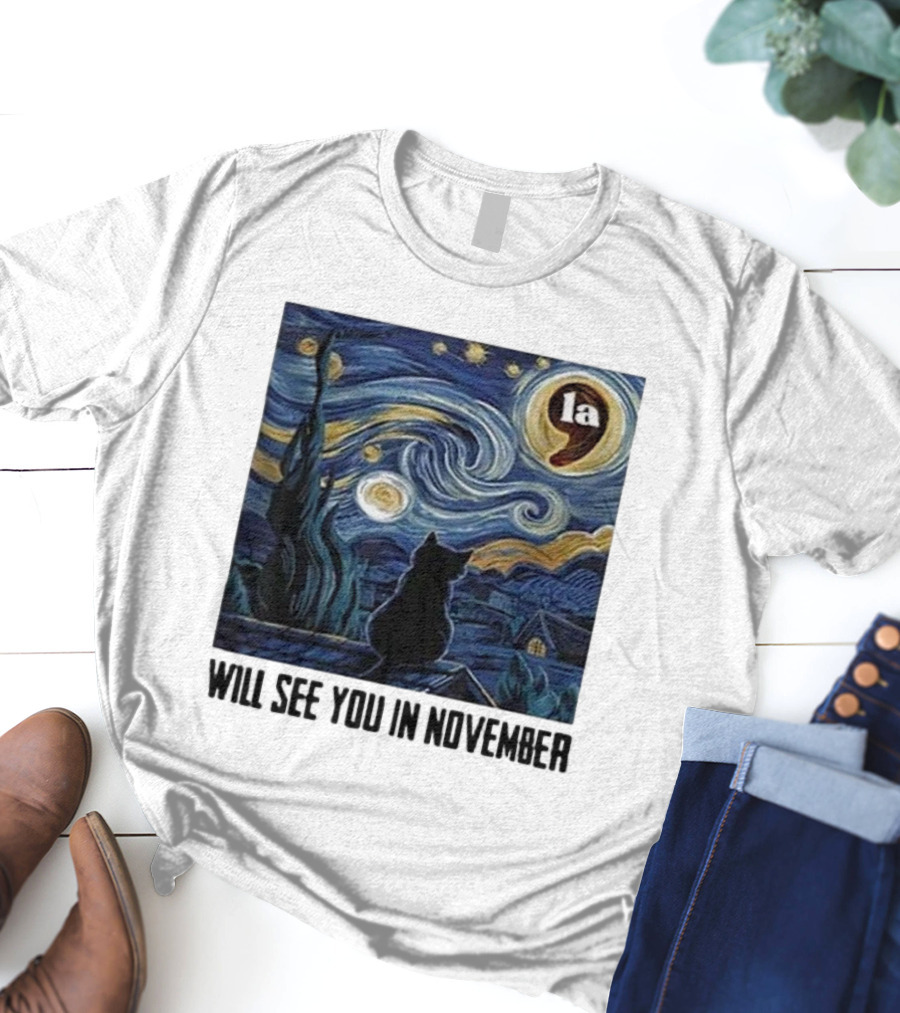Black Cat LA Starry Night Will See You In November Van Gogh T-Shirt