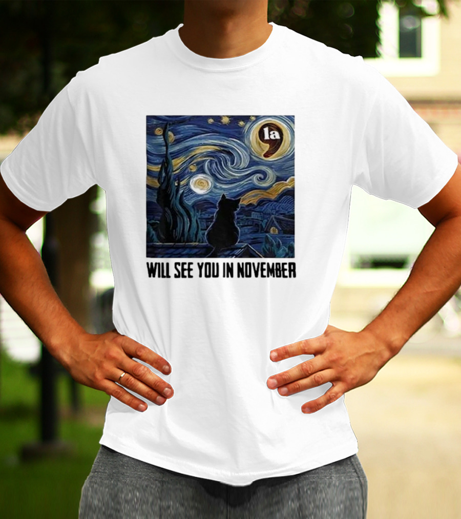 Black Cat LA Starry Night Will See You In November Van Gogh T-Shirt