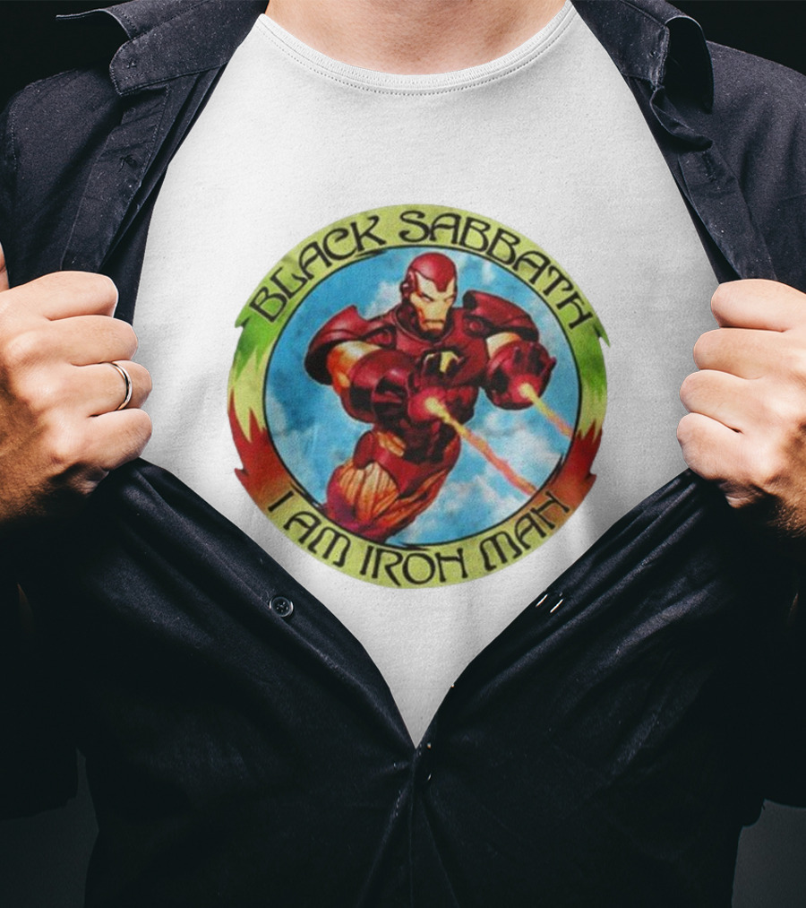 Black Sabbath I Am Iron Man Circle Iron Man Suit Heroic Pose T-Shirt
