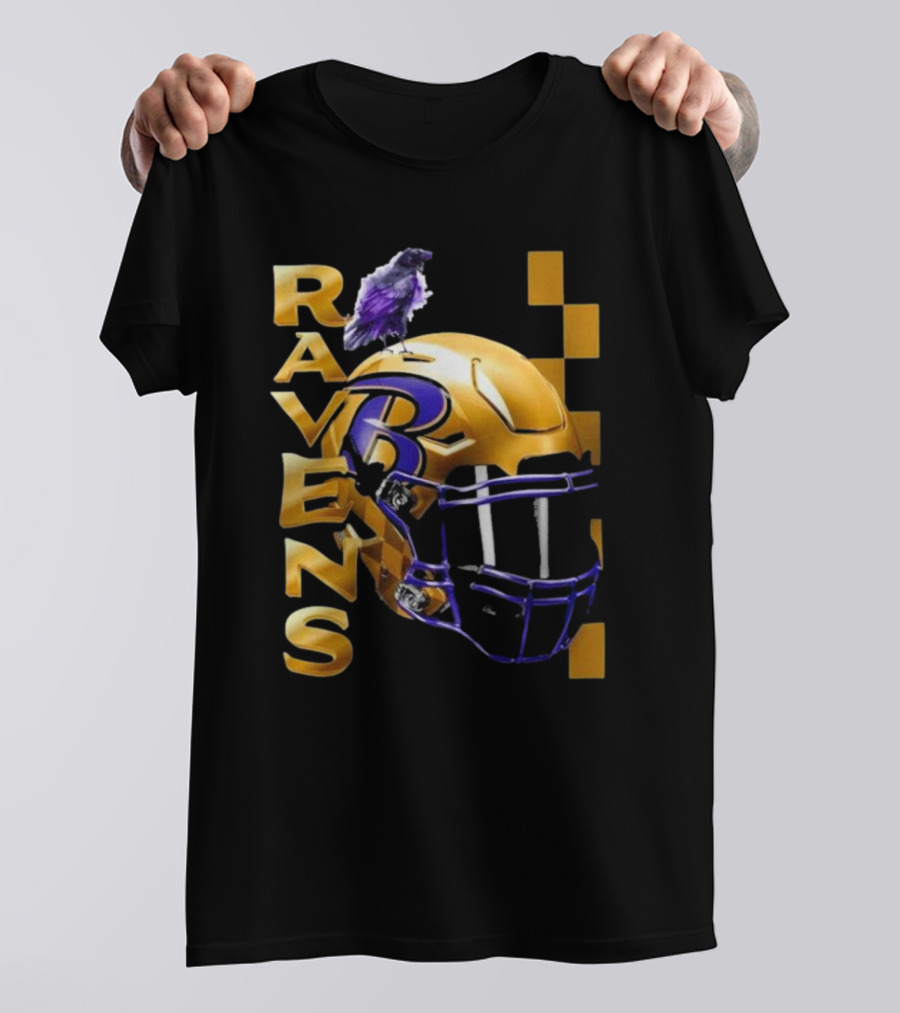 Ravens Gold Helmet With Purple B And Crow T-Shirt