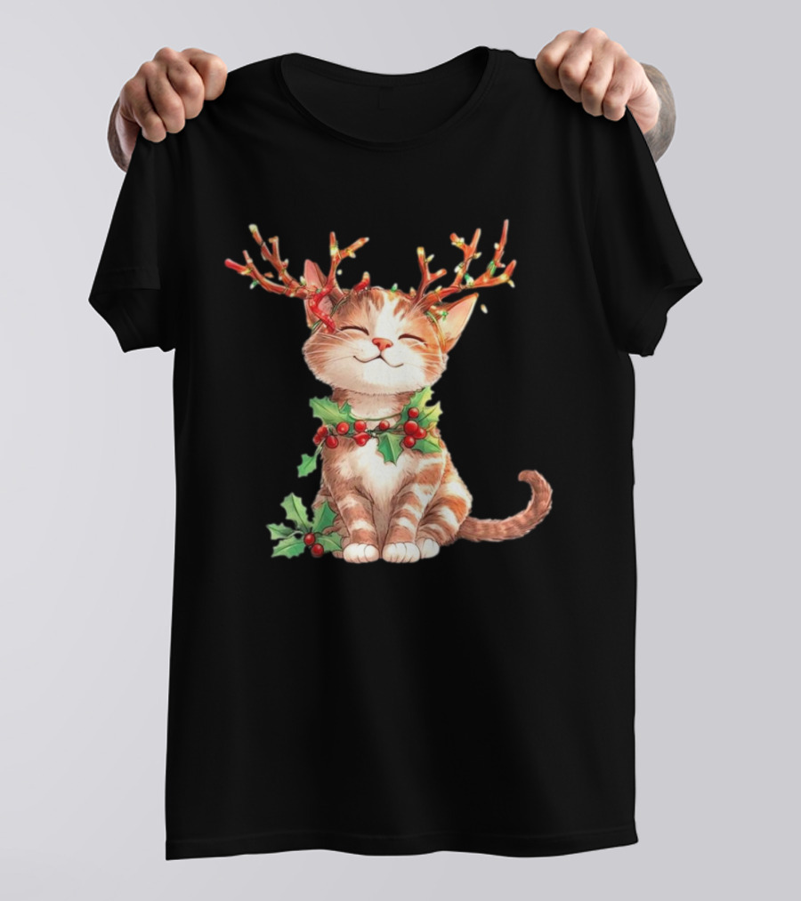 Cute Cat With Reindeer Antlers And Christmas Tree Lights T-Shirt