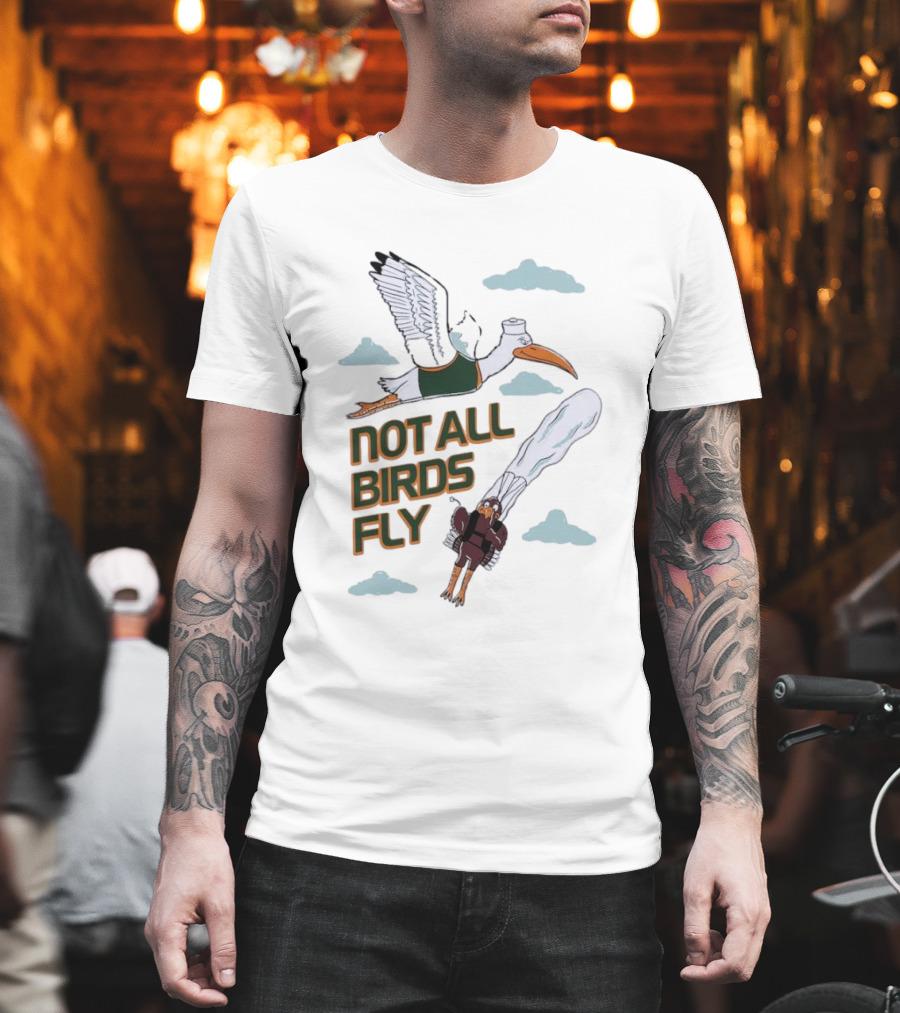 Miami Hurricanes Not All Birds Fly Ibis And Jetpack Seagull Clouds T-Shirt
