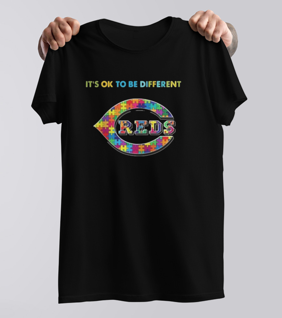 Cincinnati Reds It's Ok To Be Different Autism Puzzle Logo T-Shirt