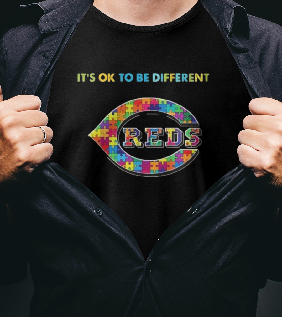 Cincinnati Reds It's Ok To Be Different Autism Puzzle Logo T-Shirt