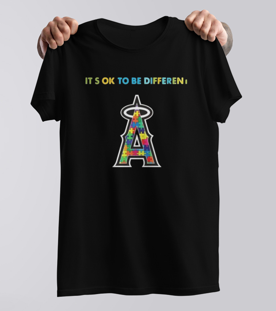 Los Angeles Angels Logo Puzzle Autism Awareness It’s Ok To Be Different T-Shirt