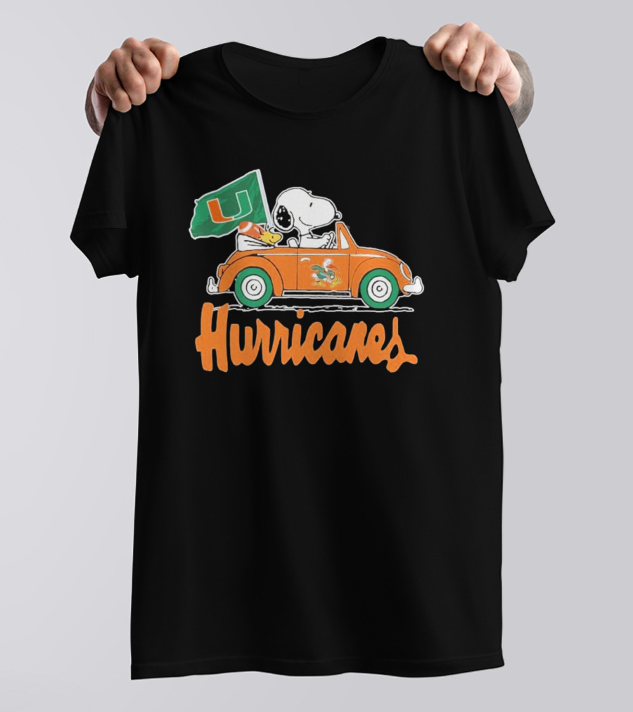 Peanuts Snoopy Woodstock Miami Hurricanes Car Driving With Flag T-Shirt