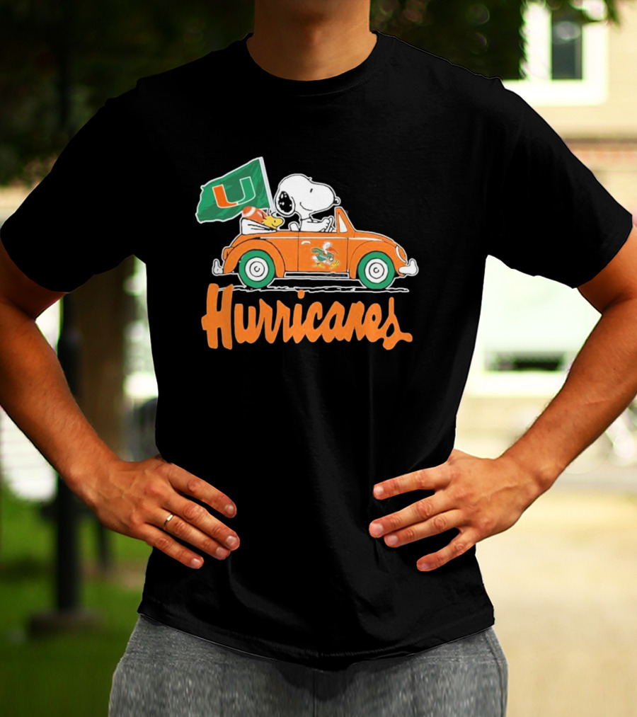 Peanuts Snoopy Woodstock Miami Hurricanes Car Driving With Flag T-Shirt