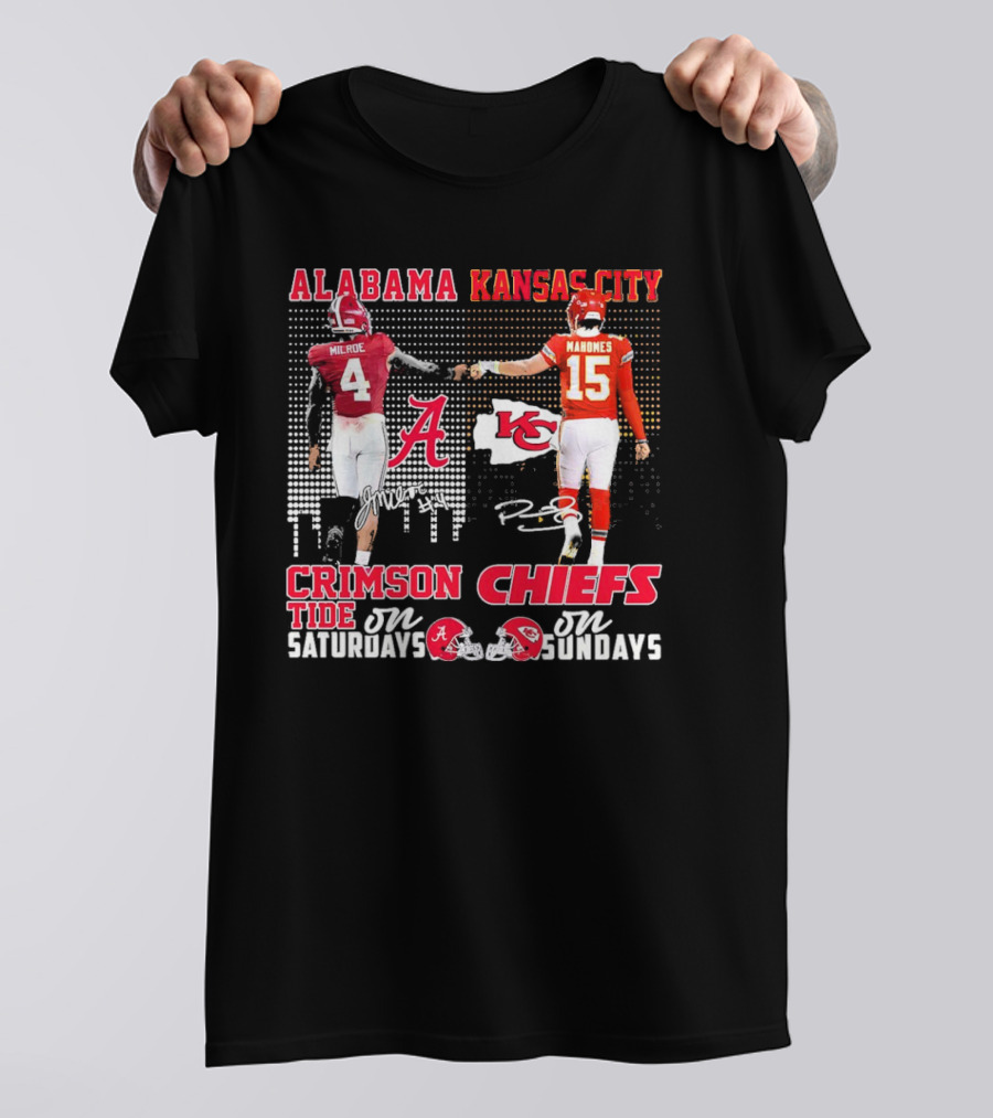 Alabama Crimson Tide Jalen Milroe Saturdays X Kansas City Chiefs Patrick Mahomes Sundays T-Shirt